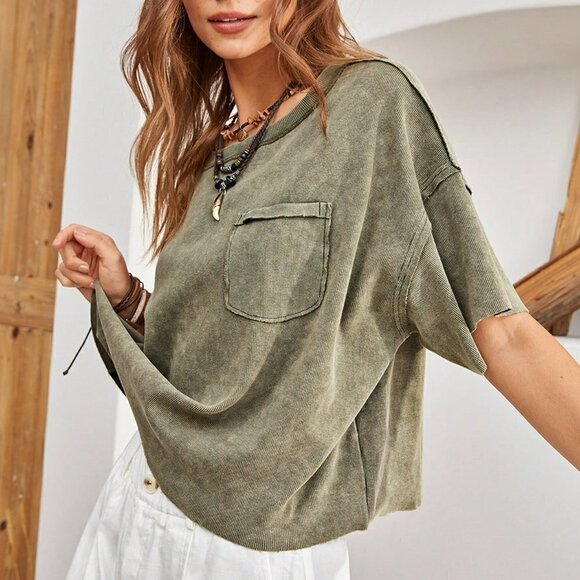 Green Boho Womens Stitching Detail Drop Shoulder T-Shirt - Picture 1 of 5